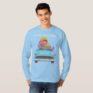 Aangepaste tekst Schattige roze dinosaurus rijdt i T-shirt