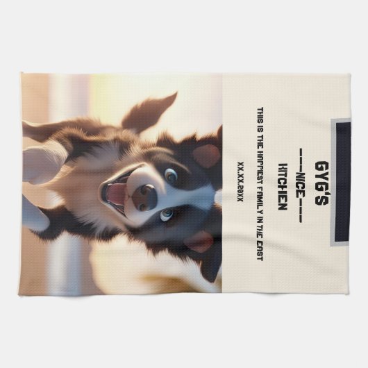 Aangepaste tekst, schattige zwart-witte hond theedoek (Horizontaal)