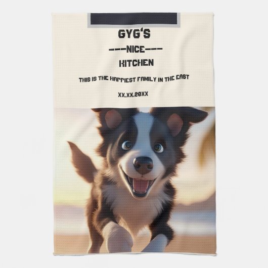 Aangepaste tekst, schattige zwart-witte hond theedoek (Verticaal)