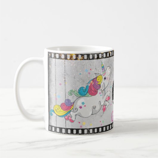 Aangepaste tekst / Sparkle Rainbow Unicorn Retro F Koffiemok (Links)
