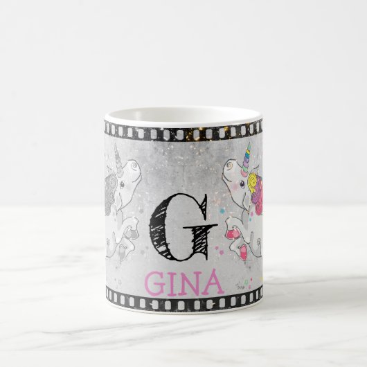 Aangepaste tekst / Sparkle Rainbow Unicorn Retro F Koffiemok (Center)
