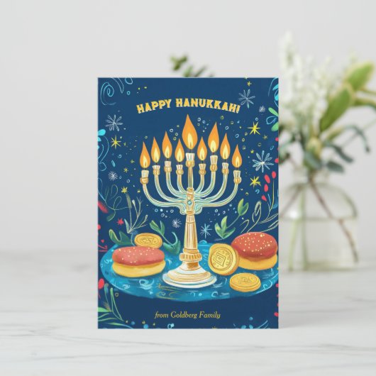 Aangepaste tekst Starlit Hanukkah Wishes Feestdagenkaart (Staand voorkant)