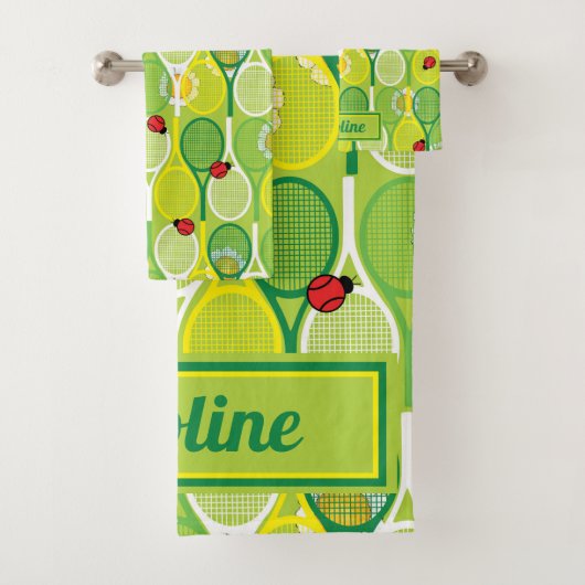 Aangepaste tekst - tennisrackets met ladyvogels bad handdoek (Insitu)