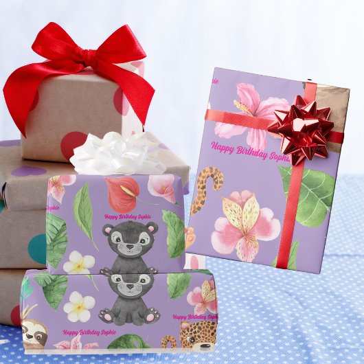 Aangepaste tekst Tropische Baby Dieren Kids Verjaa Cadeaupapier