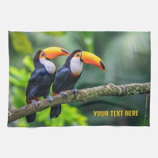 Aangepaste tekst Tropische Toucans Theedoek (Horizontaal)