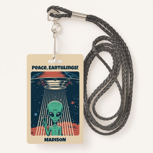 Aangepaste tekst UFO Alien Badge (Voorkant met draagriem)