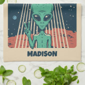 Aangepaste tekst UFO Alien Theedoek (Gevouwen)