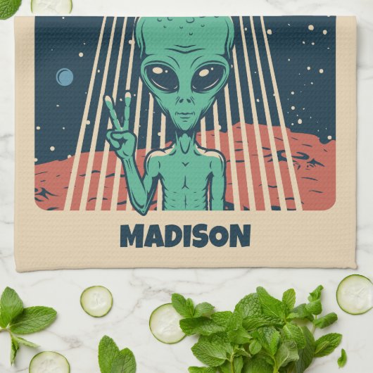 Aangepaste tekst UFO Alien Theedoek (Gevouwen)