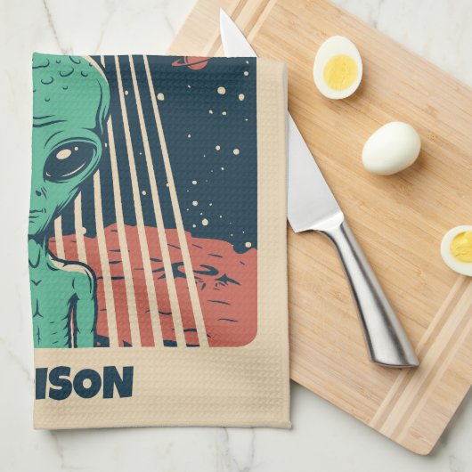 Aangepaste tekst UFO Alien Theedoek (Quarter Fold)