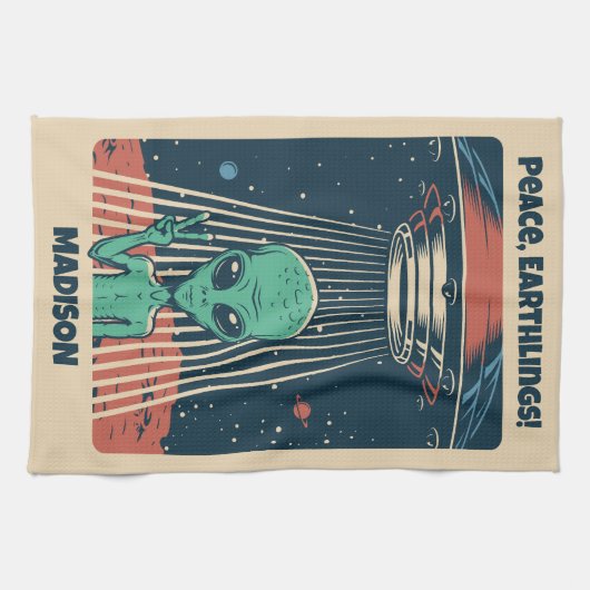 Aangepaste tekst UFO Alien Theedoek (Horizontaal)