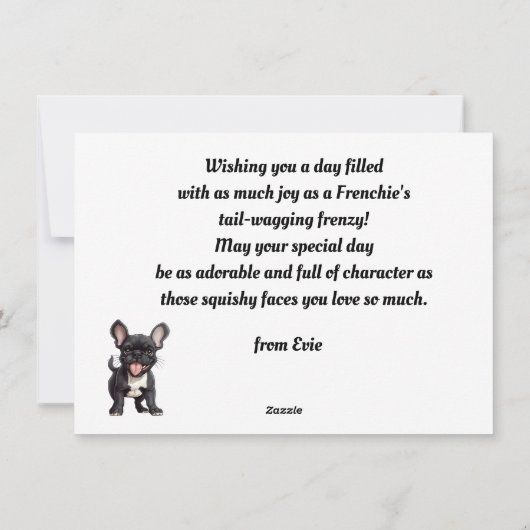 Aangepaste tekst, Verjaardag Frenchie pup verjaard Feestdagenkaart (Achterkant)