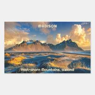 Aangepaste tekst Vestrahorn-bergen, IJsland Rechthoekige Sticker