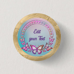 Aangepaste tekst, vlinders en hart liefde monogram ronde button 3,2 cm