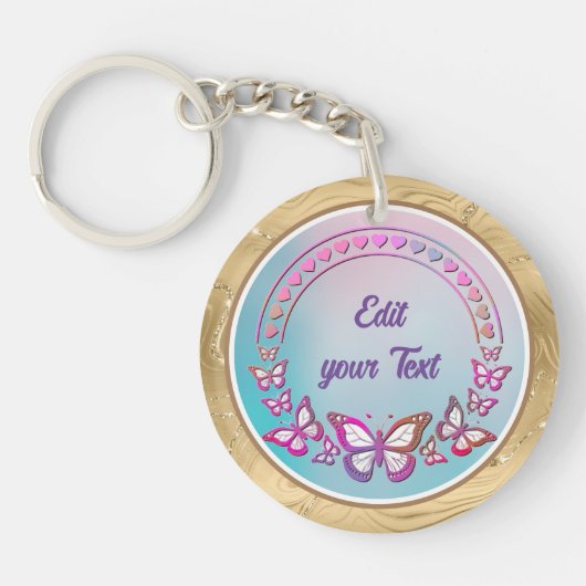 Aangepaste tekst, vlinders en hart liefde monogram sleutelhanger (Voorkant)