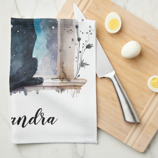 Aangepaste tekst voor beste kat-mam in elk venster theedoek (Quarter Fold)