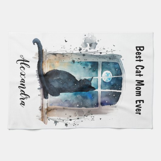 Aangepaste tekst voor beste kat-mam in elk venster theedoek (Horizontaal)