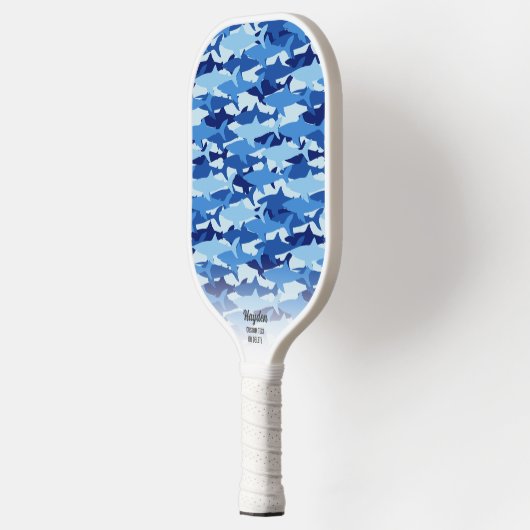 Aangepaste tekst voor Blauw haaienpatroon Pickleball Paddle (Links)