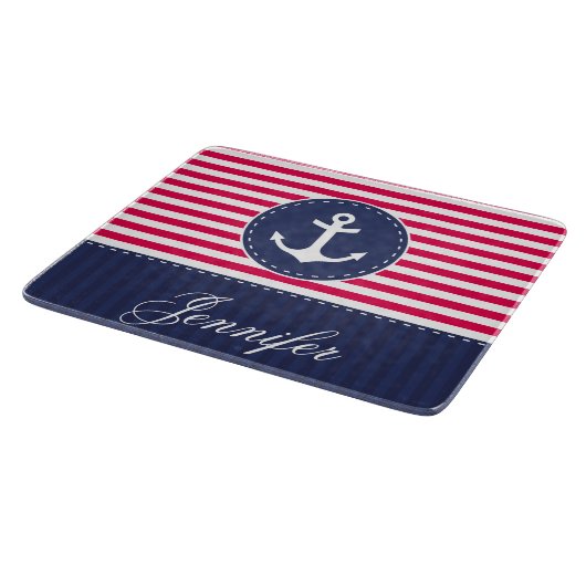 Aangepaste tekst voor Bright Red Navy Blue Anchor Snijplank (Hoek)