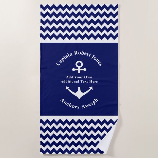 Aangepaste tekst voor Navy Blue en White Nautical  Strandlaken (Voorkant)