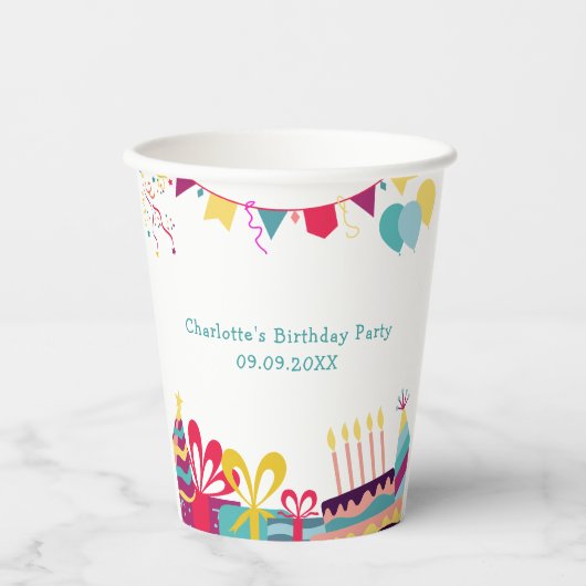Aangepaste tekst Vrolijk kleurrijk verjaardagsfees Papieren Bekers (Voorkant)
