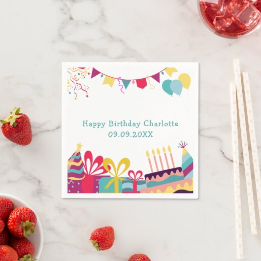 Aangepaste tekst Vrolijk kleurrijk verjaardagsfees Servet (Insitu)