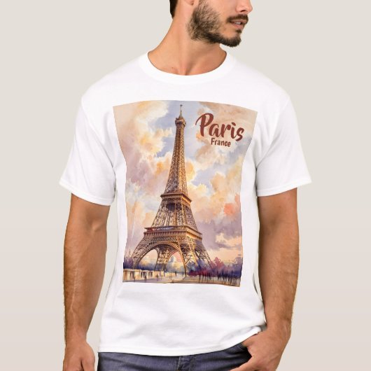 Aangepaste tekst waterverf Eiffeltoren zonsonderga T-shirt (Voorkant)