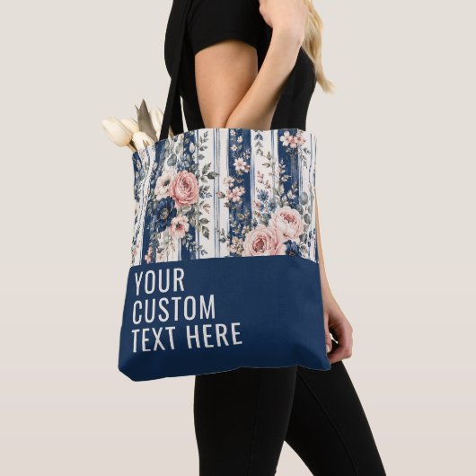 Aangepaste tekst waterverf marine bloem streep pat tote bag (Dichtbij)