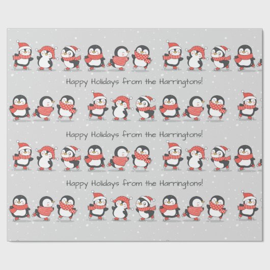 Aangepaste tekst Winterpinguïns Cadeaupapier (Vlak)