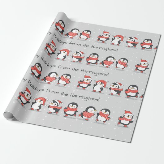 Aangepaste tekst Winterpinguïns Cadeaupapier (Uitgerold)