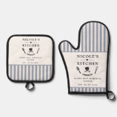 Aangepaste tekst, witte en blauwe strepen Schattig Ovenwant & Pannenlap Set (Voorkant)