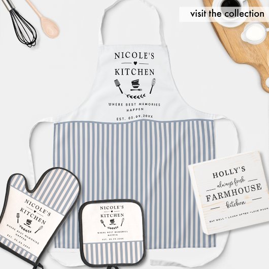 Aangepaste tekst, witte en blauwe strepen Schattig Ovenwant & Pannenlap Set