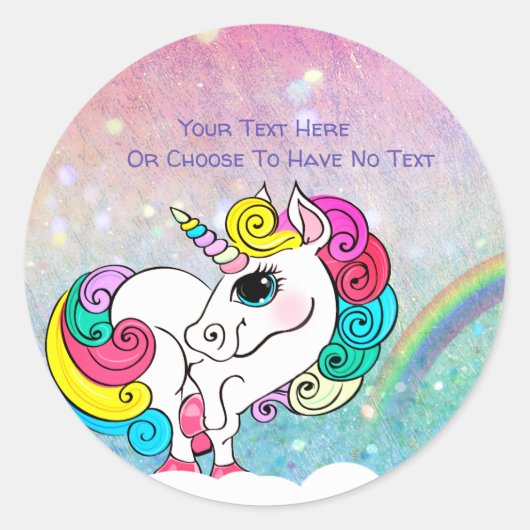 Aangepaste tekst/ Witte Unicorn regenbooglitterree Ronde Sticker (Voorkant)