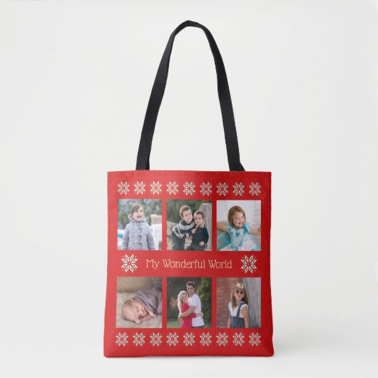 Aangepaste tekst zes foto's winterbloemen rood tote bag (Voorkant)