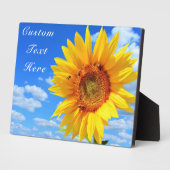 Aangepaste tekst zonnebloem en bijen op blauwe hem fotoplaat (Zijkant)