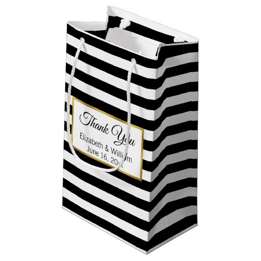 Aangepaste tekst zwart en wit gestreept klein cadeauzakje (Achterkant Gekanteld)