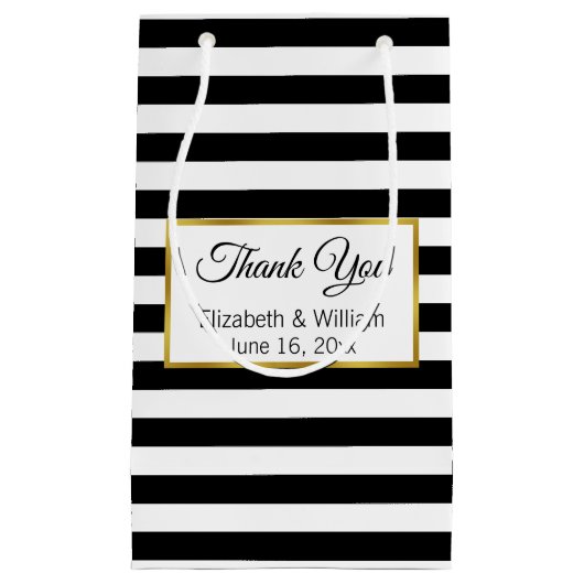 Aangepaste tekst zwart en wit gestreept klein cadeauzakje (Voorkant)