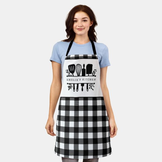 Aangepaste tekst zwart en witte buffels met keuken schort (Gedragen)