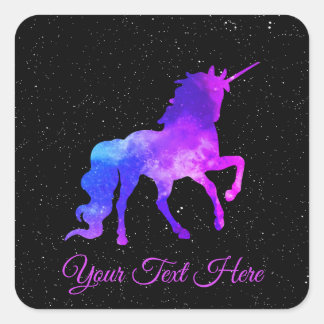 Aangepaste tekst Zwart/Paarse Galaxy Eenhoorn Ruim Vierkante Sticker