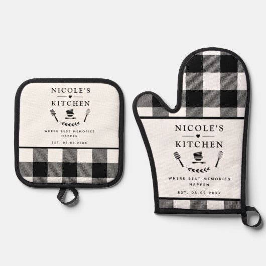 Aangepaste tekst, Zwart-wit Buffel Plakt Ovenwant & Pannenlap Set (Voorkant)