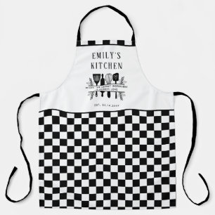 Aangepaste tekst, Zwart-wit Checker Plaid Kitchen Schort
