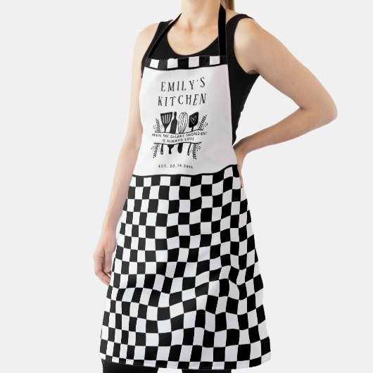 Aangepaste tekst, Zwart-wit Checker Plaid Kitchen Schort (Insitu)