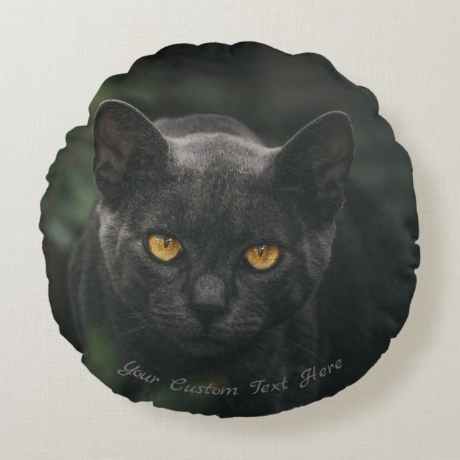 Aangepaste tekst | Zwarte kat-spookglanzende ogen Rond Kussen (Voorkant)