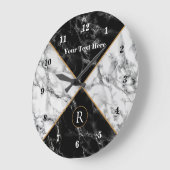 Aangepaste tekstmonogram - Zwart witte marmer Grote Klok (Hoek)