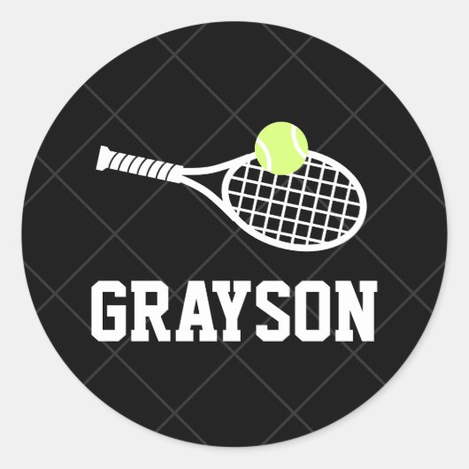 Aangepaste Tennis Ball Racket Logo Zwarte naam Ronde Sticker (Voorkant)