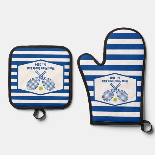 Aangepaste Tennis Country Club Blauw Gestreept Ovenwant & Pannenlap Set (Voorkant)