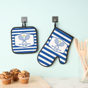 Aangepaste Tennis Country Club Blauw Gestreept Ovenwant & Pannenlap Set