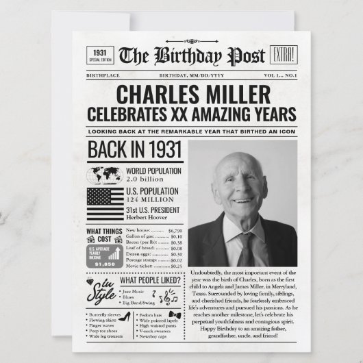 Aangepaste Terug in 1931 krant Verjaardag Kaart, T Feestdagenkaart (Voorkant)