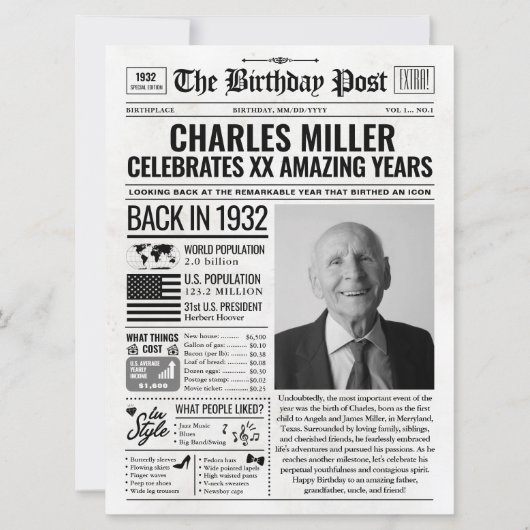 Aangepaste Terug in 1932 krant Verjaardag Kaart, T Feestdagenkaart (Voorkant)