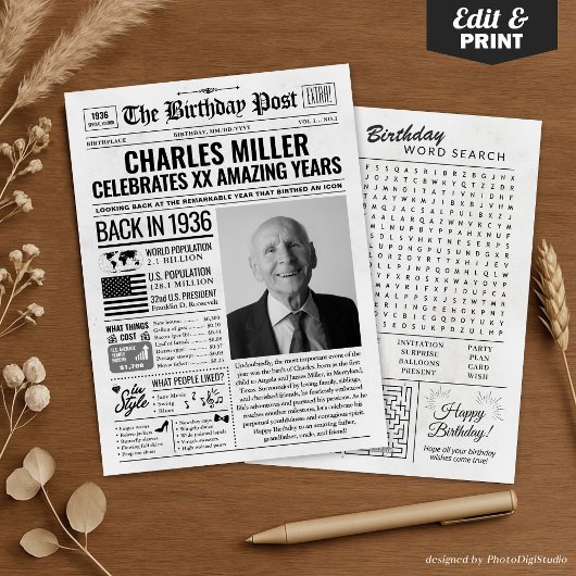 Aangepaste Terug in 1936 krant Verjaardag Kaart, T Feestdagenkaart