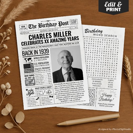 Aangepaste Terug in 1939 krant Verjaardag Kaart, T Feestdagenkaart